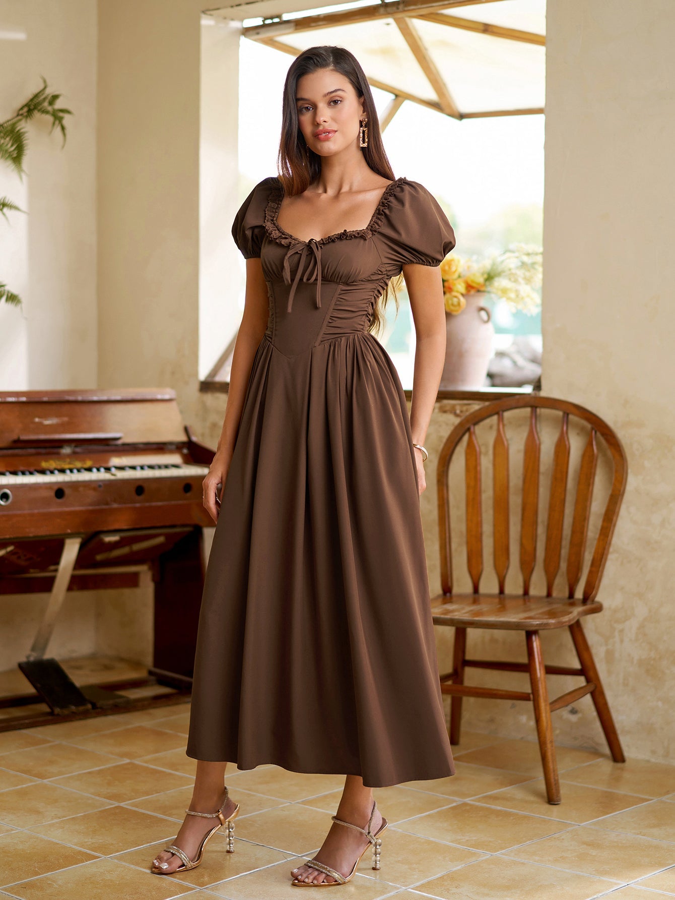 Puff Sleeve Lace Trim Ruched With Pockets Midi Dress
