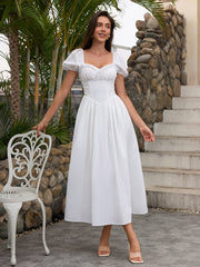 Puff Sleeve Lace Trim Ruched With Pockets Midi Dress