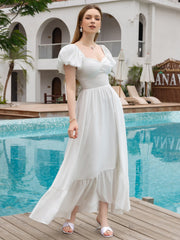 Puff Sleeve Ruched Waist Flared Long Dress