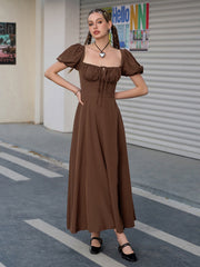 Puff Sleeve Tie Front Off Shoulder Slit Thigh Dress