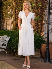 Puff Sleeve V-Neck Pleat Pocket Solid Long Dress