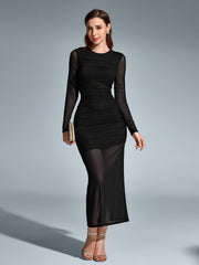 Round Neck Ruched Mesh Bodycon Dress