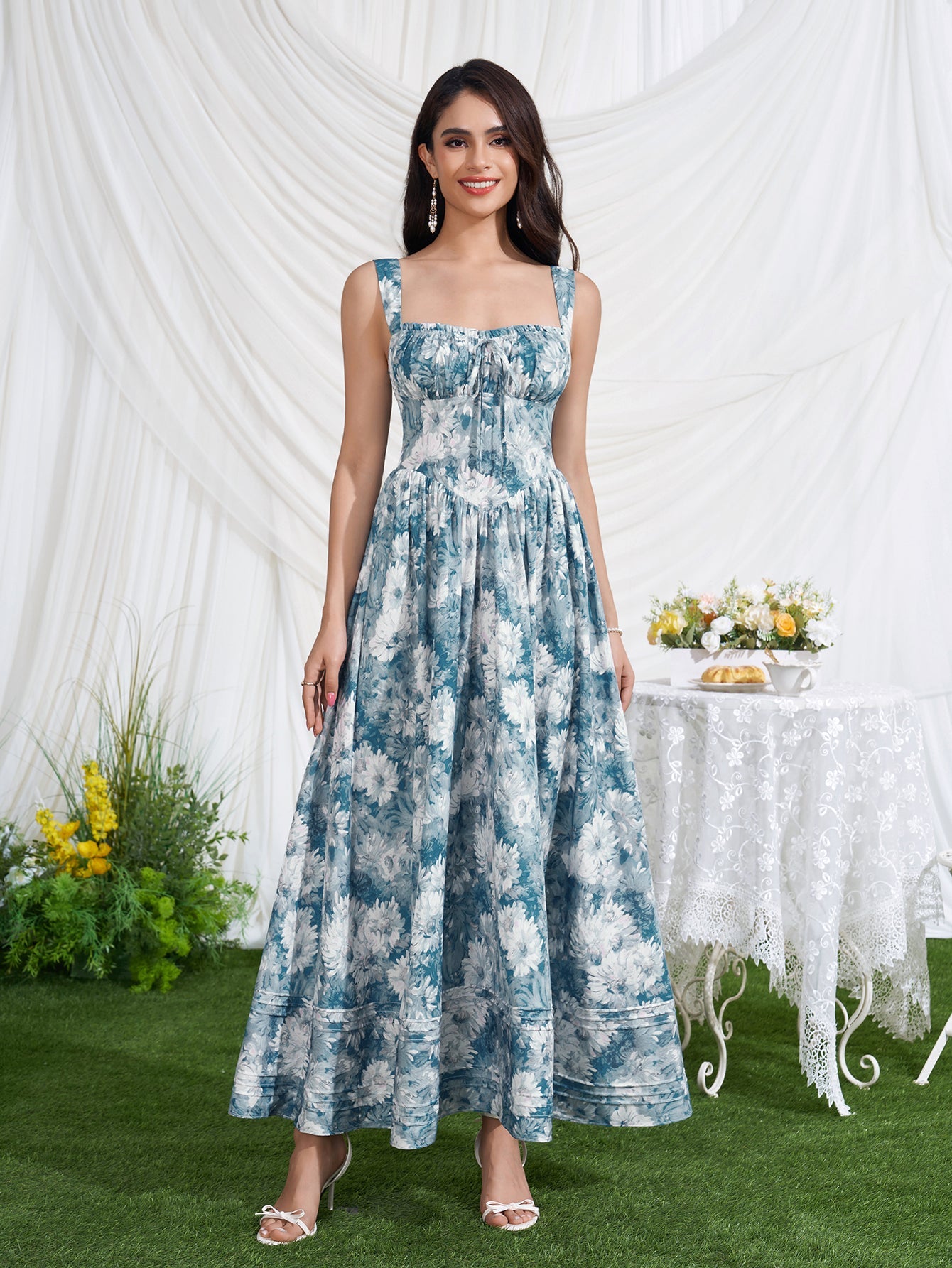 Ruched Bust Tie Front Floral Print Dress