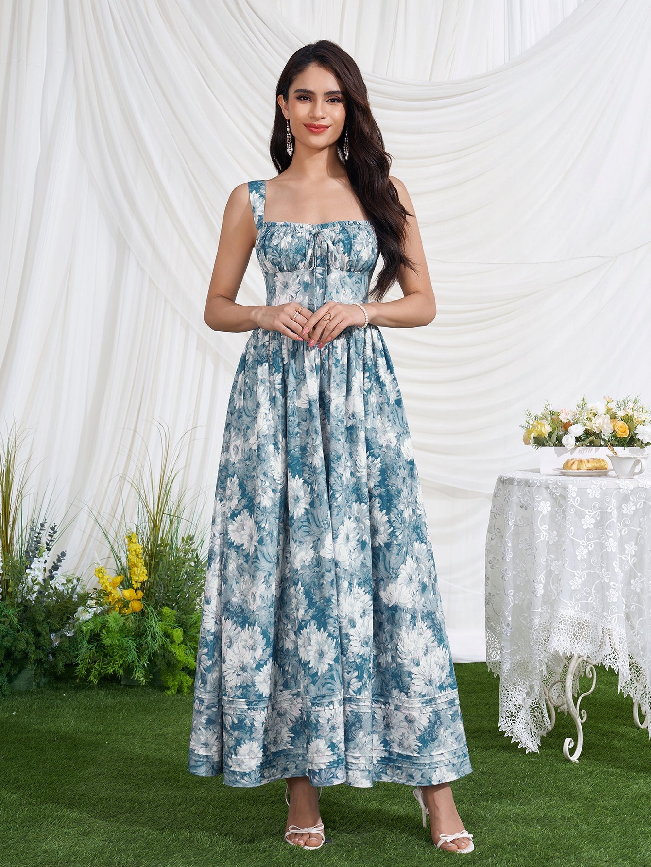 Ruched Bust Tie Front Floral Print Dress