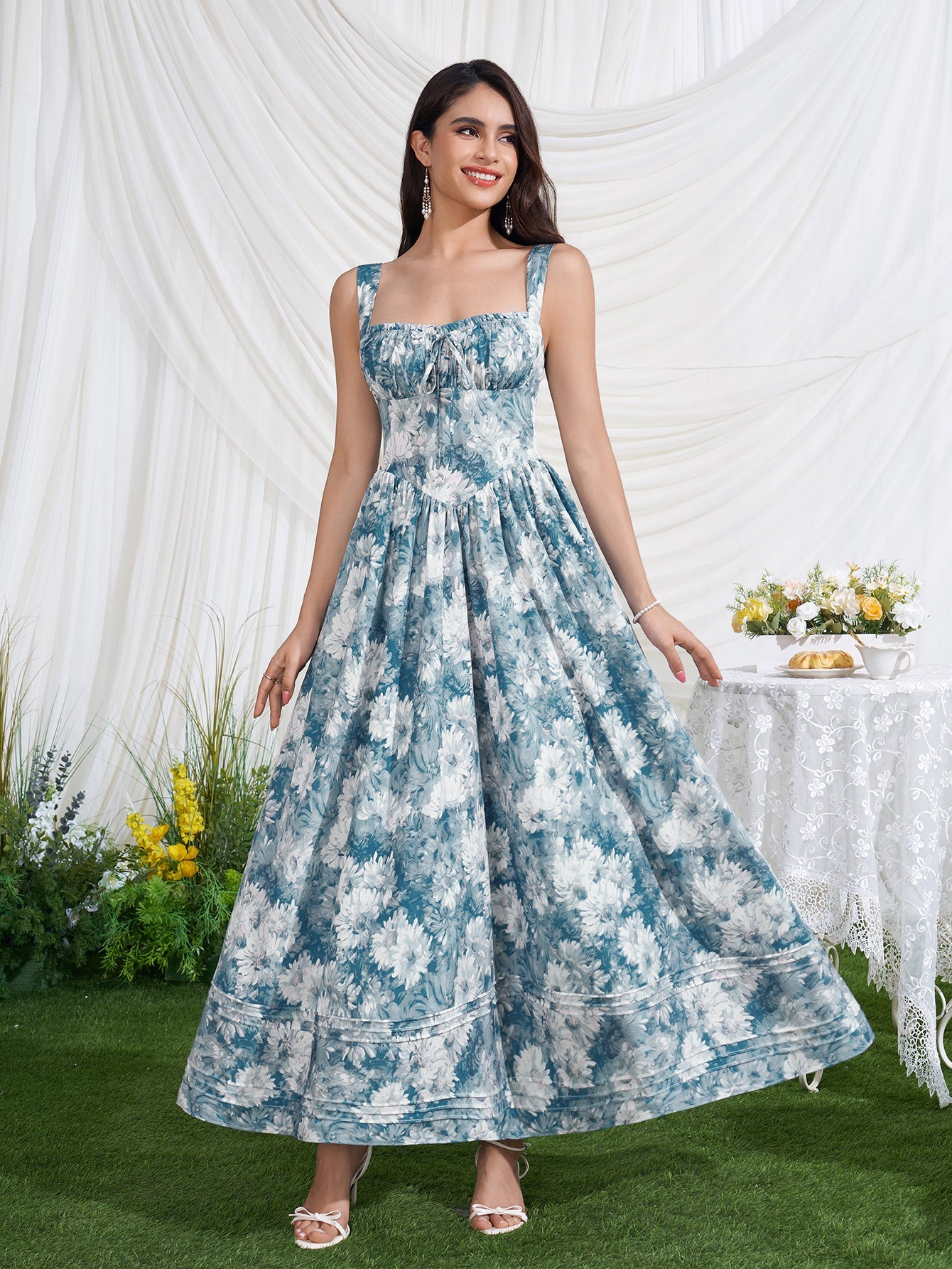 Ruched Bust Tie Front Floral Print Dress