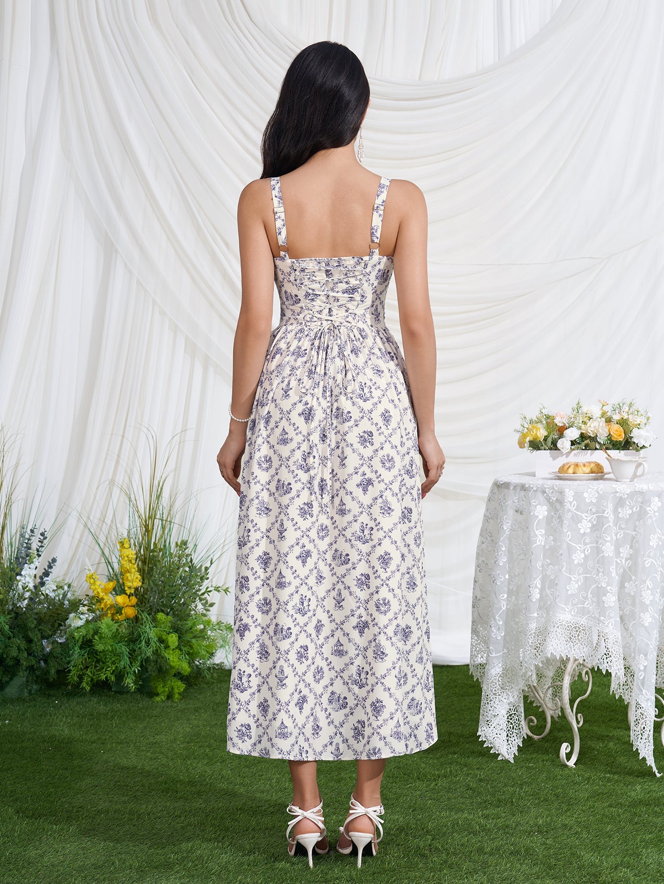 Ruched Crisscross Back Split Floral Print Dress