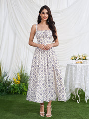 Ruched Crisscross Back Split Floral Print Dress