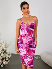 Ruched Floral Print Backless Bodycon Cami Dress