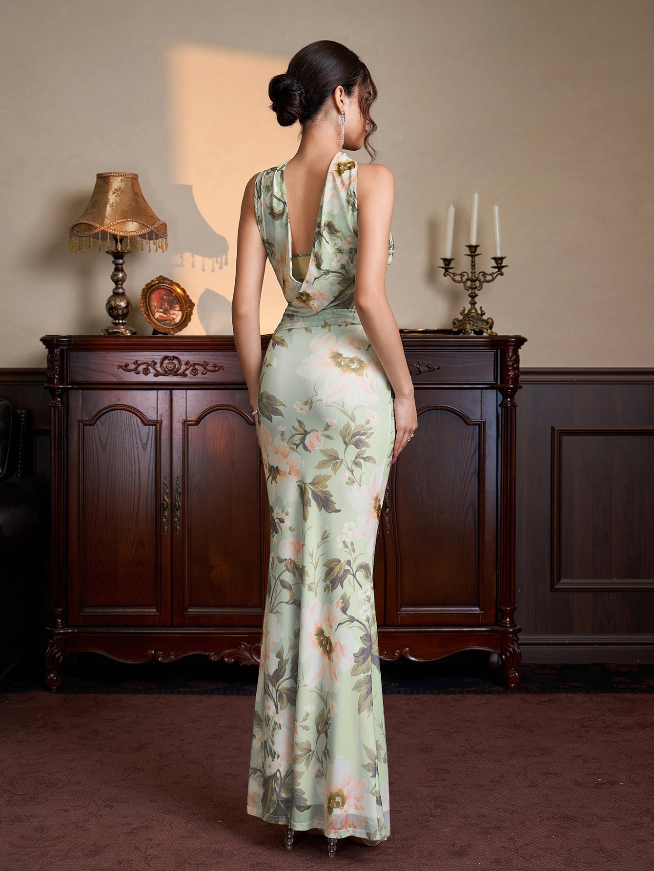 Ruched Mermaid Hem Floral Print Bodycon Mesh Dress