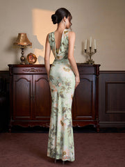 Ruched Mermaid Hem Floral Print Bodycon Mesh Dress