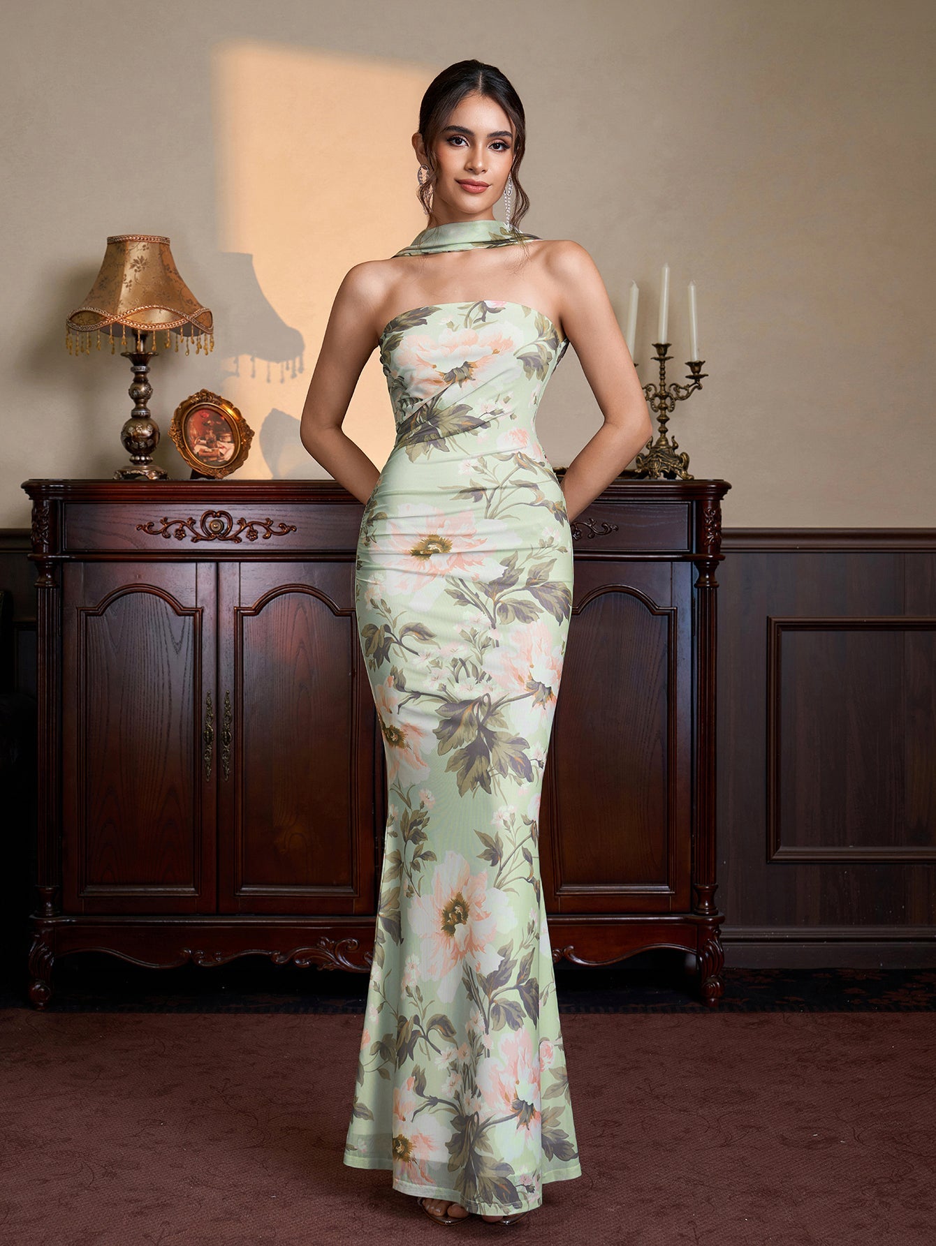 Ruched Mermaid Hem Floral Print Bodycon Mesh Dress