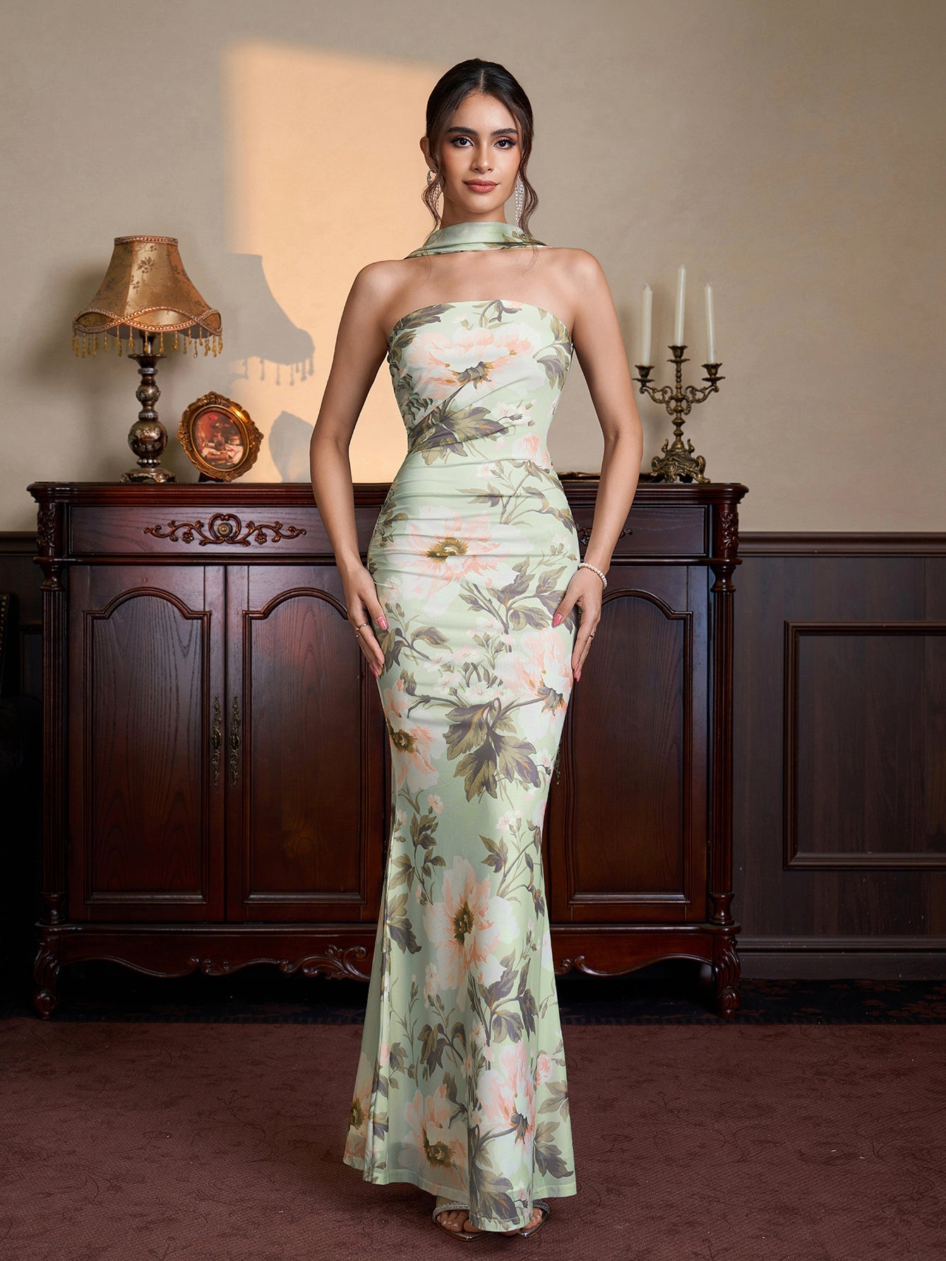 Ruched Mermaid Hem Floral Print Bodycon Mesh Dress