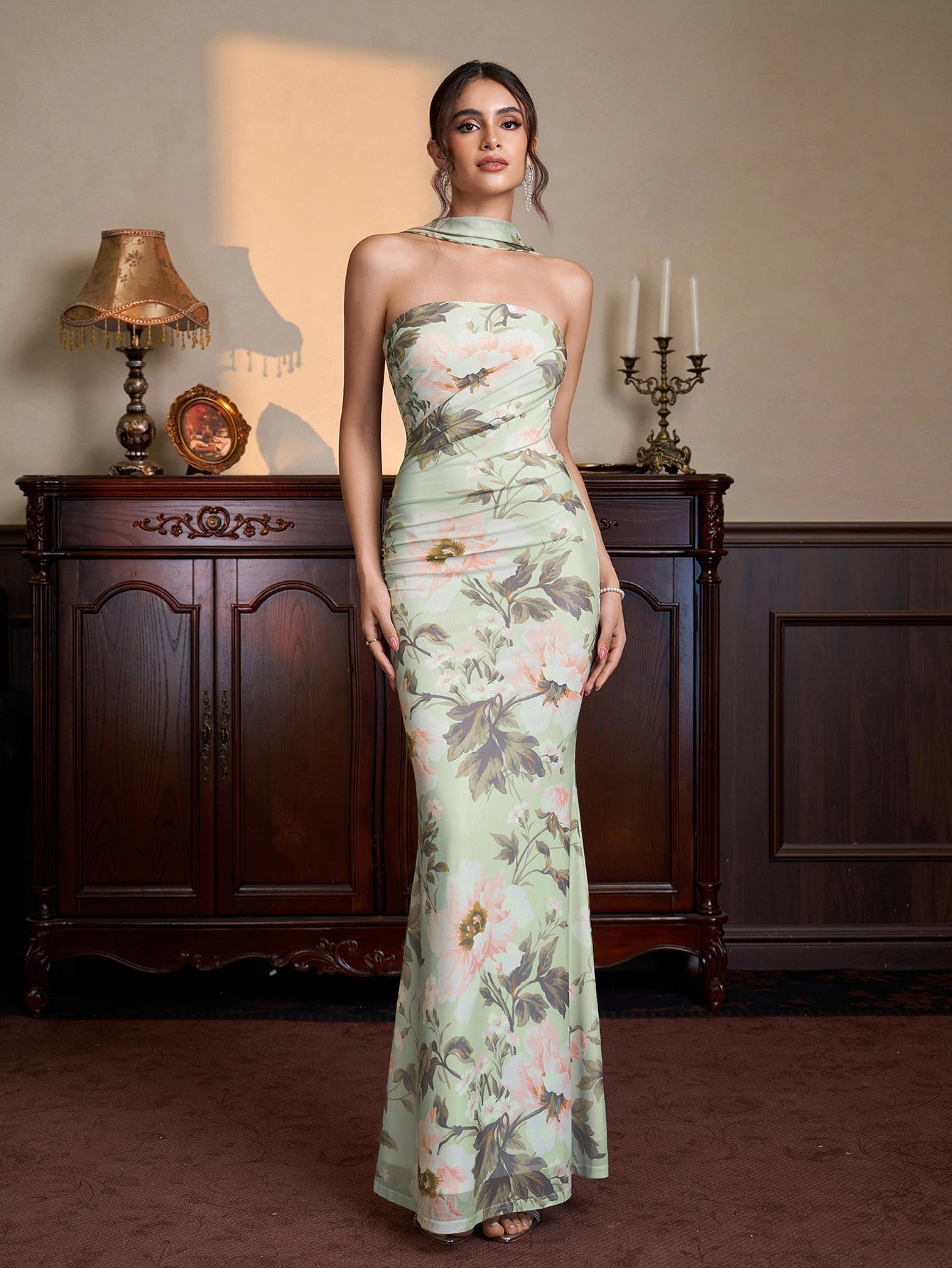 Ruched Mermaid Hem Floral Print Bodycon Mesh Dress