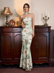 Ruched Mermaid Hem Floral Print Bodycon Mesh Dress