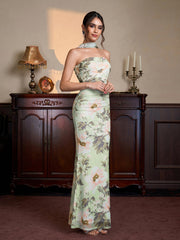 Ruched Mermaid Hem Floral Print Bodycon Mesh Dress