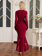 Long Sleeve Ruched Ribbon Trim Asymmetrical Hem Mesh Dress