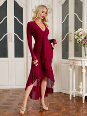 Long Sleeve Ruched Ribbon Trim Asymmetrical Hem Mesh Dress