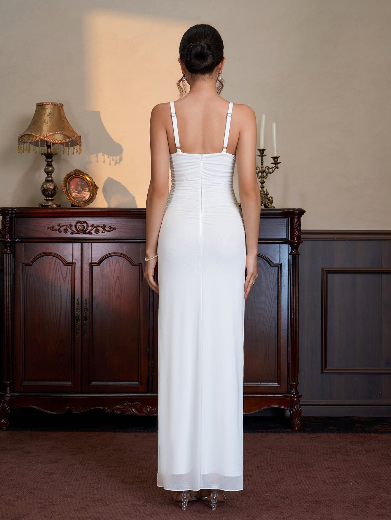 Ruched Split Zipper Back Bodycon Mesh Dress