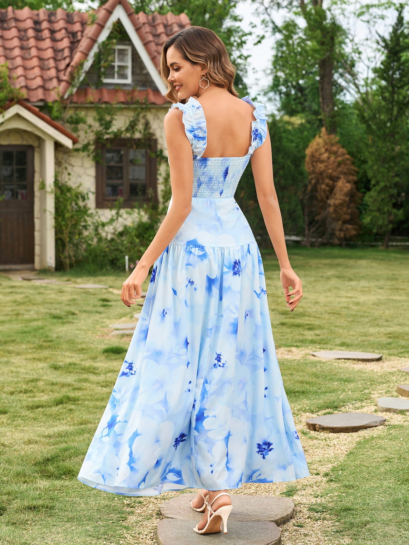 Ruffle Straps Square Neck Backless Floral Print Dress