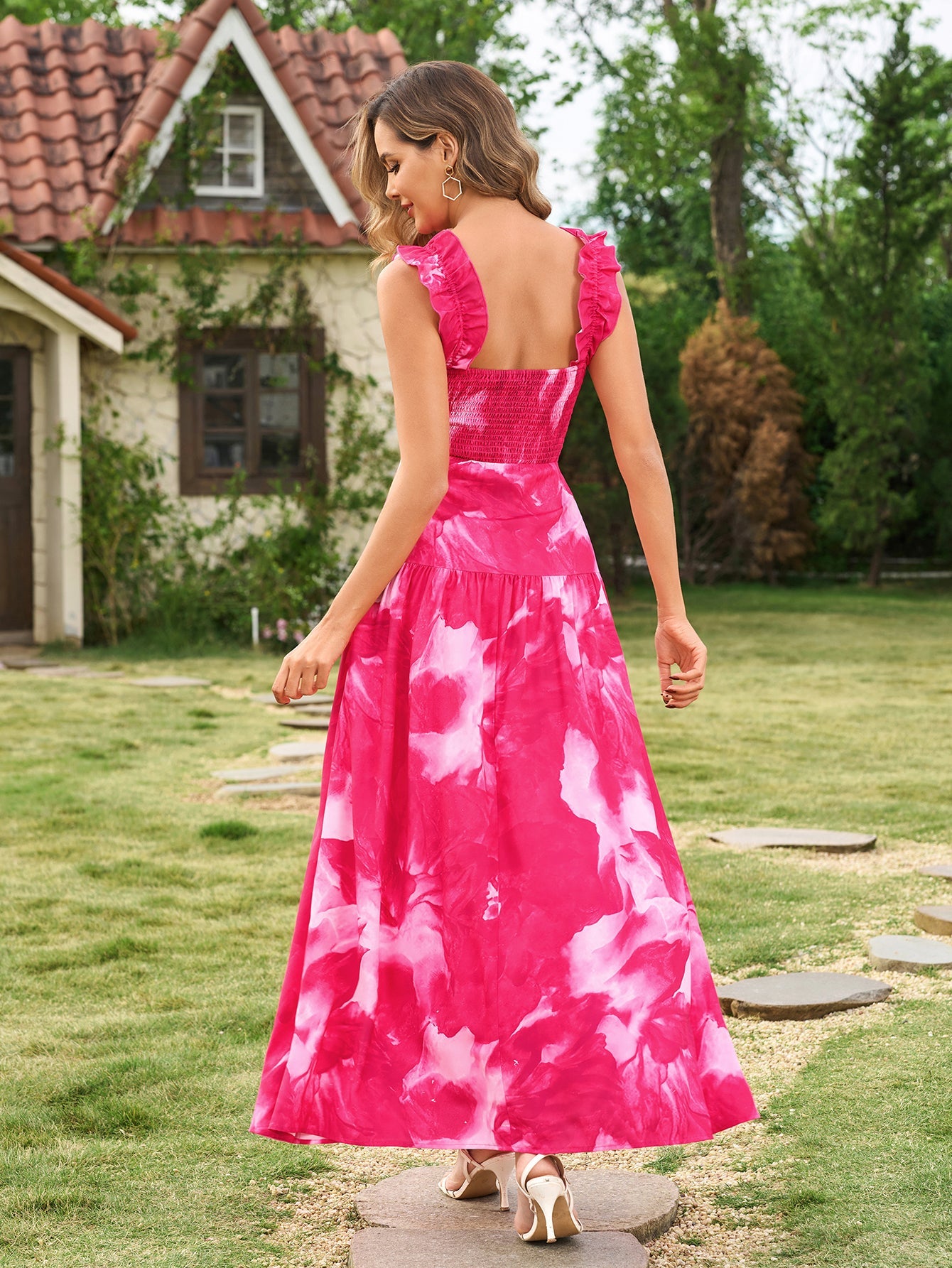 Ruffle Straps Square Neck Backless Floral Print Dress