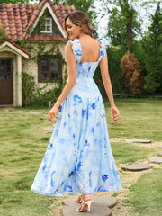 Ruffle Straps Square Neck Backless Floral Print Dress