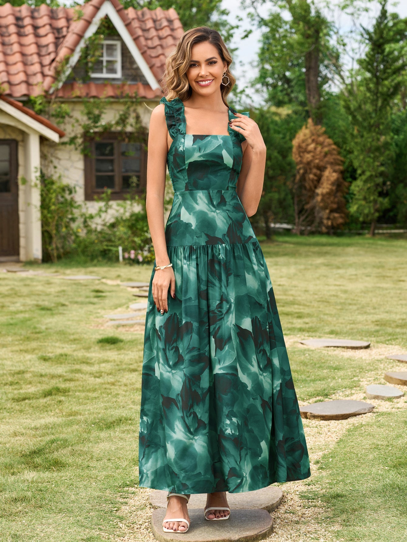 Ruffle Straps Square Neck Backless Floral Print Dress