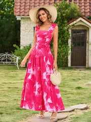 Ruffle Straps Square Neck Backless Floral Print Dress