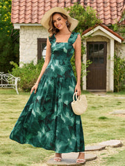 Ruffle Straps Square Neck Backless Floral Print Dress