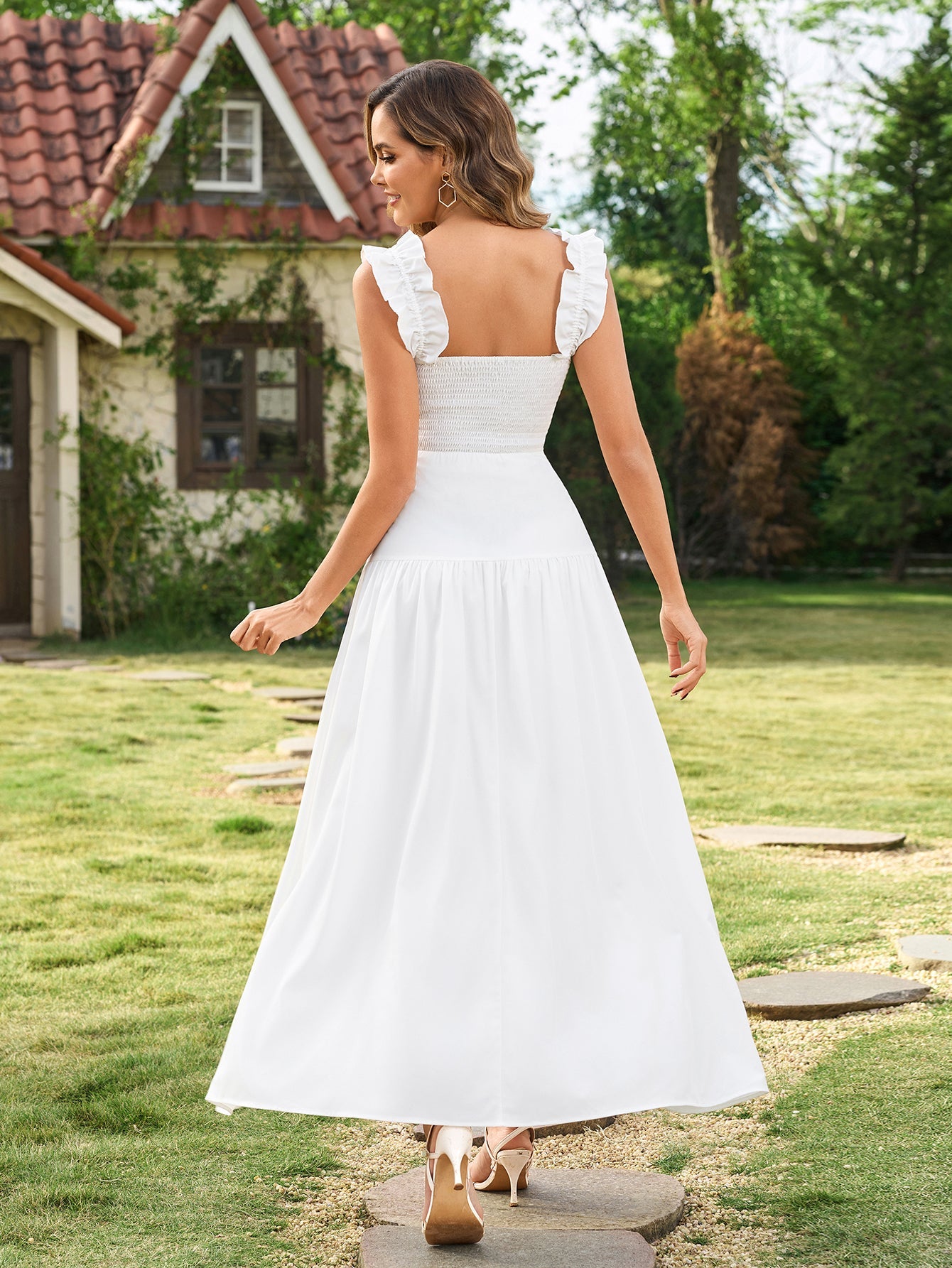 Ruffle Straps Square Neck Backless Maxi Dress