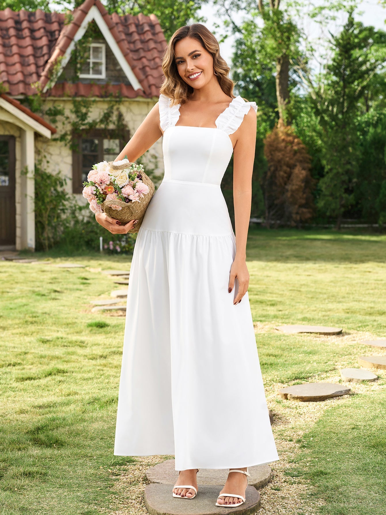 Ruffle Straps Square Neck Backless Maxi Dress
