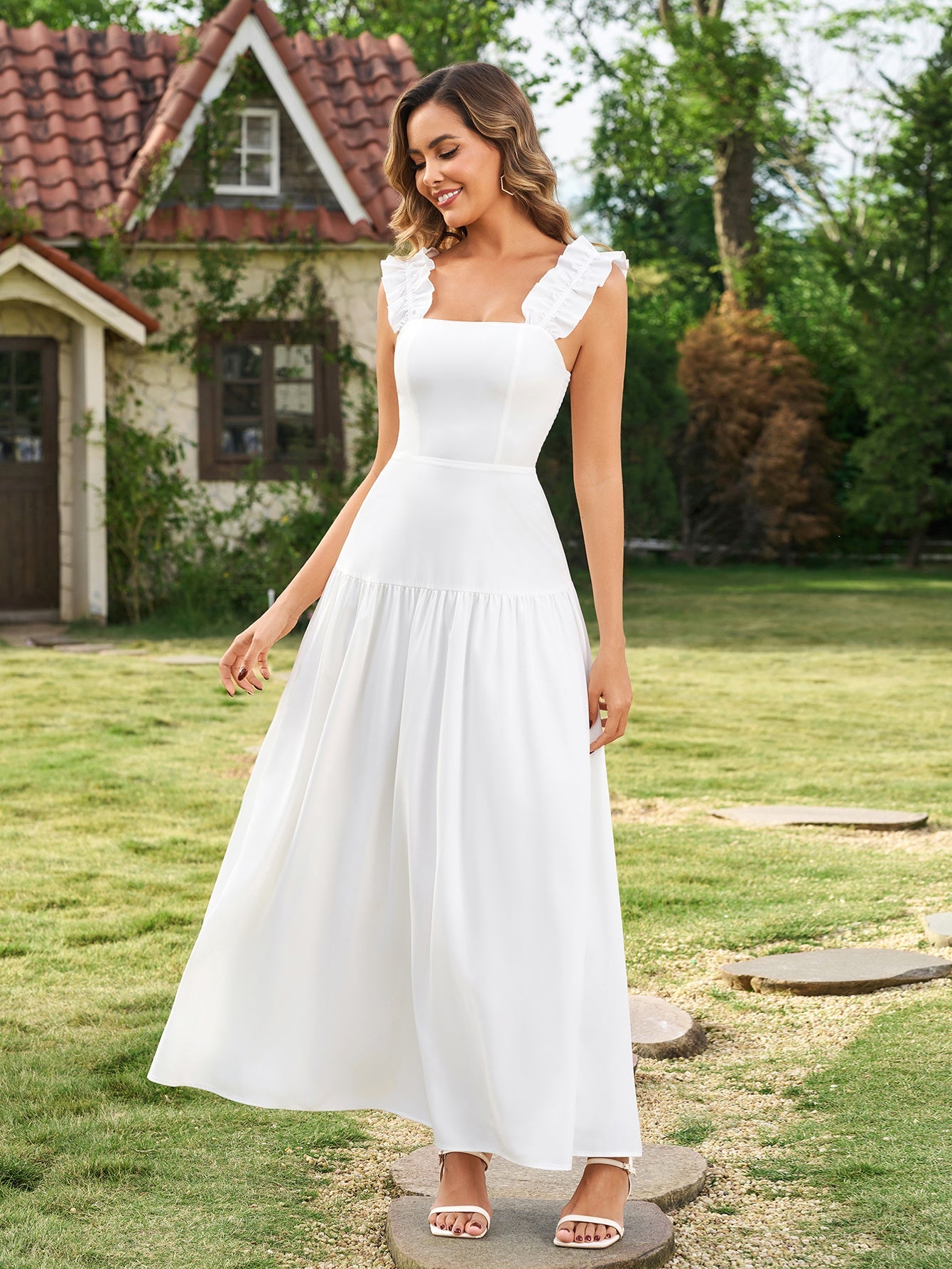 Ruffle Straps Square Neck Backless Maxi Dress