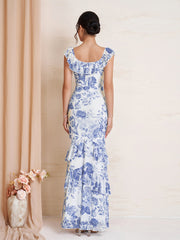 Ruffle Trim Floral Print Bodycon Mesh Dress