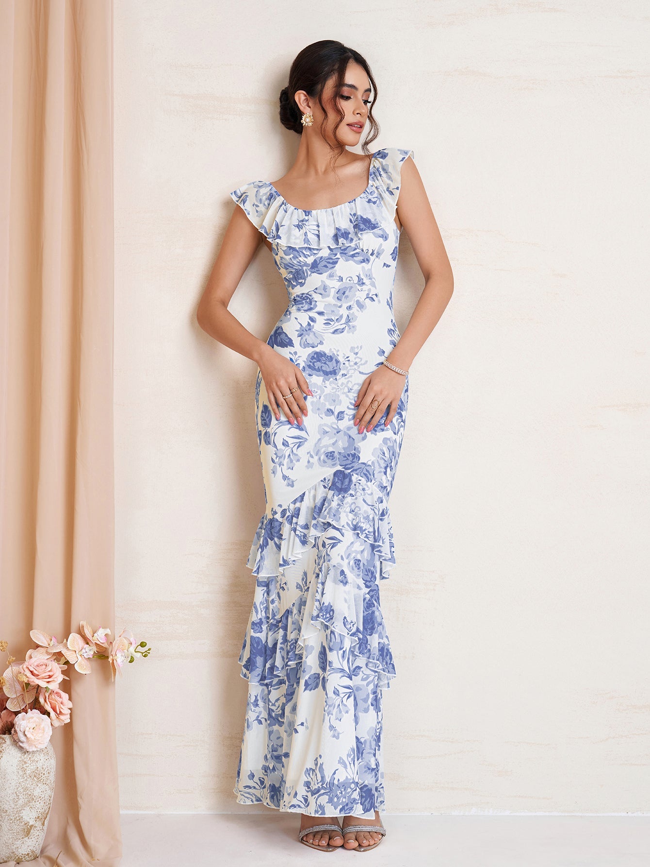 Ruffle Trim Floral Print Bodycon Mesh Dress
