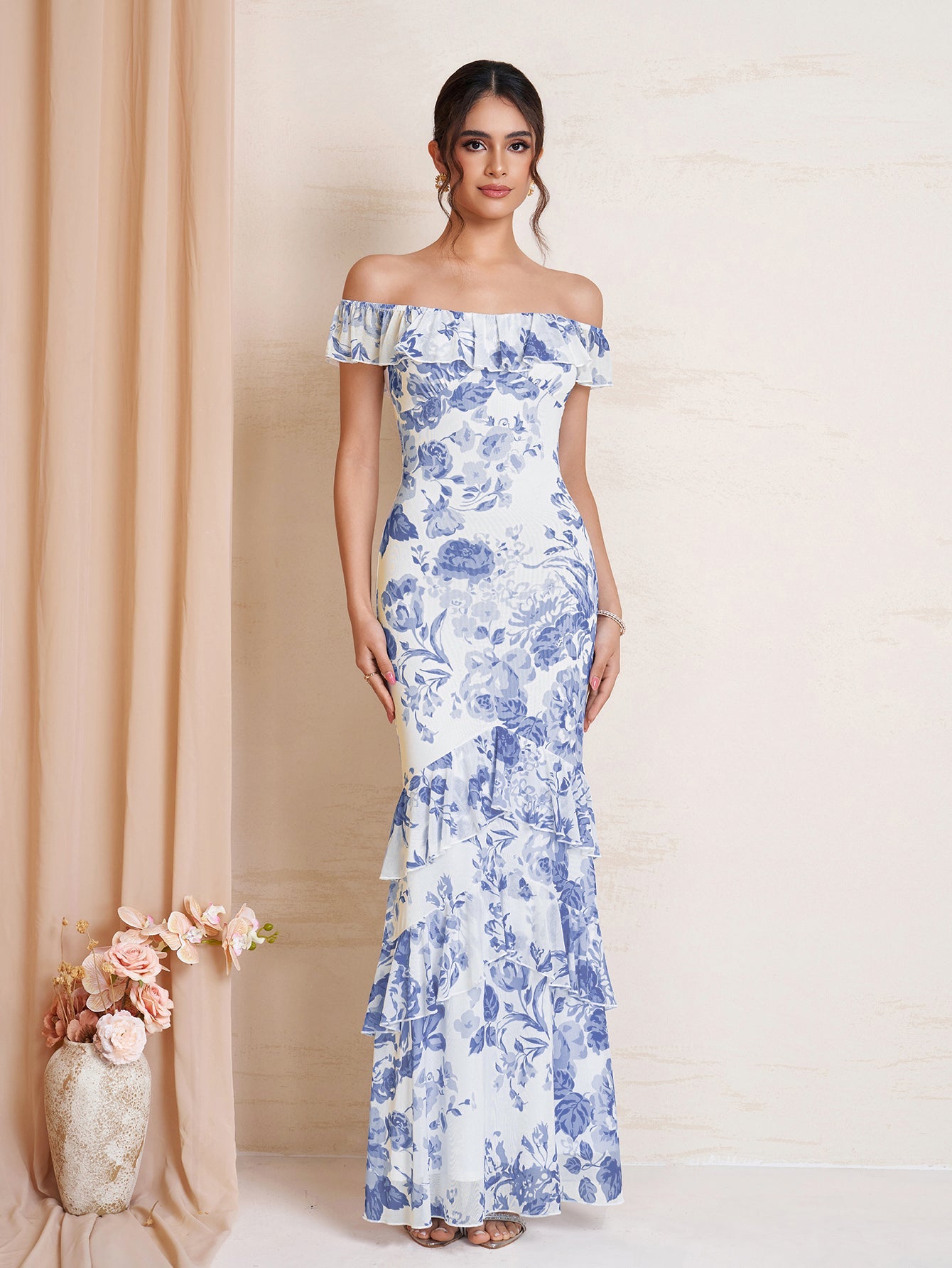 Ruffle Trim Floral Print Bodycon Mesh Dress