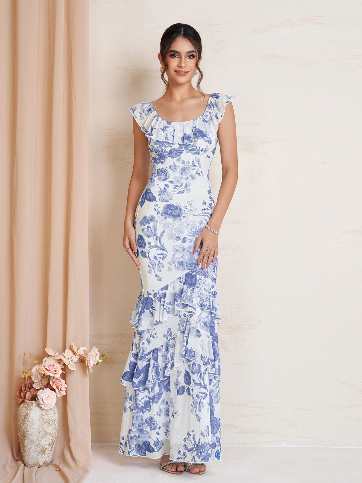 Ruffle Trim Floral Print Bodycon Mesh Dress