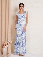 Ruffle Trim Floral Print Bodycon Mesh Dress