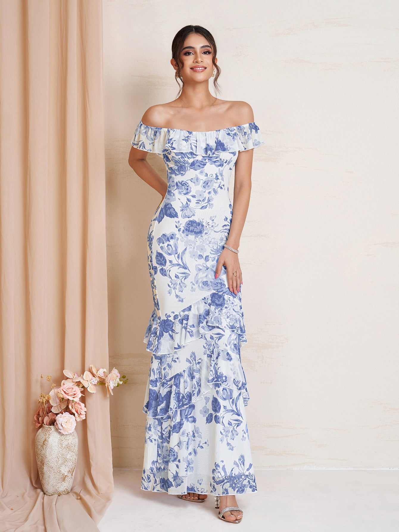 Ruffle Trim Floral Print Bodycon Mesh Dress