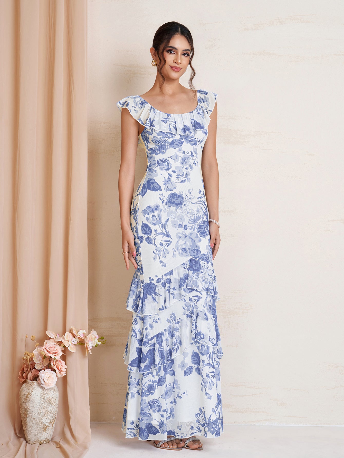 Ruffle Trim Floral Print Bodycon Mesh Dress