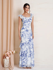 Ruffle Trim Floral Print Bodycon Mesh Dress