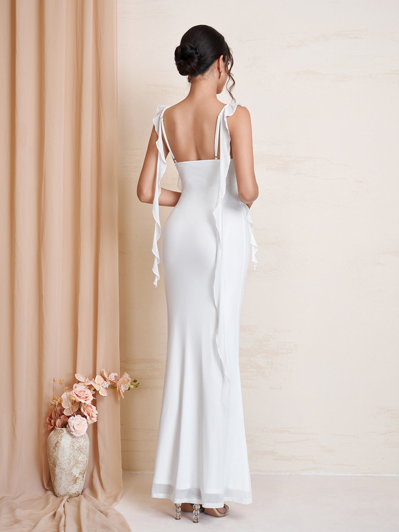 Ruffle Trim Ruched Bodycon Mesh Dress