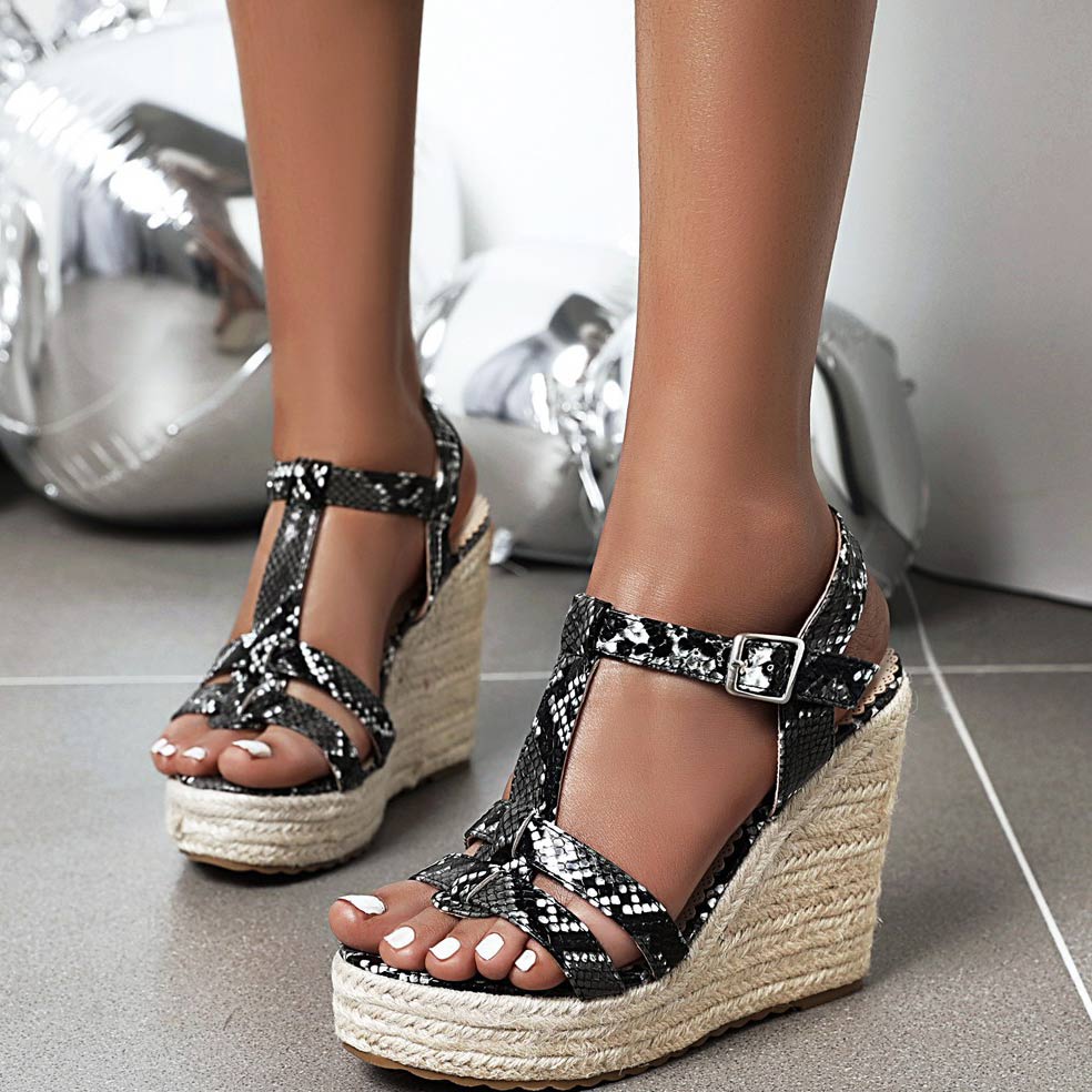 Serpentine Print Wedge Espadrille Sandals