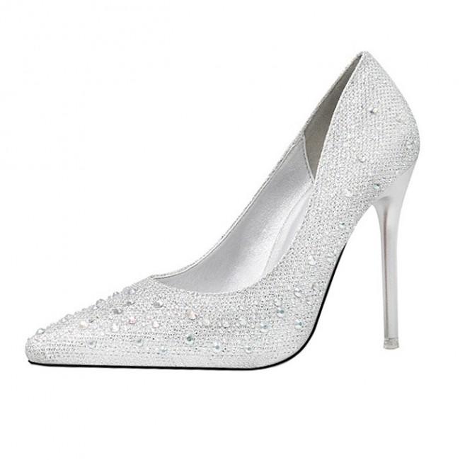 Silver Rhinestone Pointed Toe Stiletto Heels Shoes
