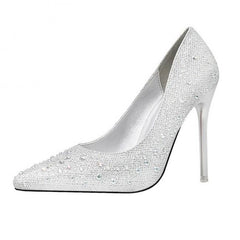Silver Rhinestone Pointed Toe Stiletto Heels Shoes