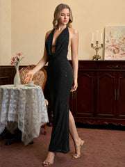 Sparkly Deep V-Neck Halter Bodycon Dress