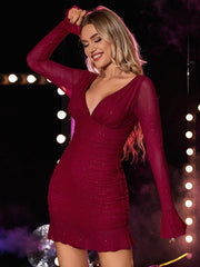 Sparkly Deep V-line Flounce Sleeve Mesh Dress