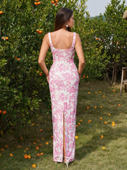 Split Hem Mesh Floral Print Bodycon Dress