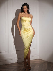 Split Thigh Lace Up Backless Ruched Satin Dress