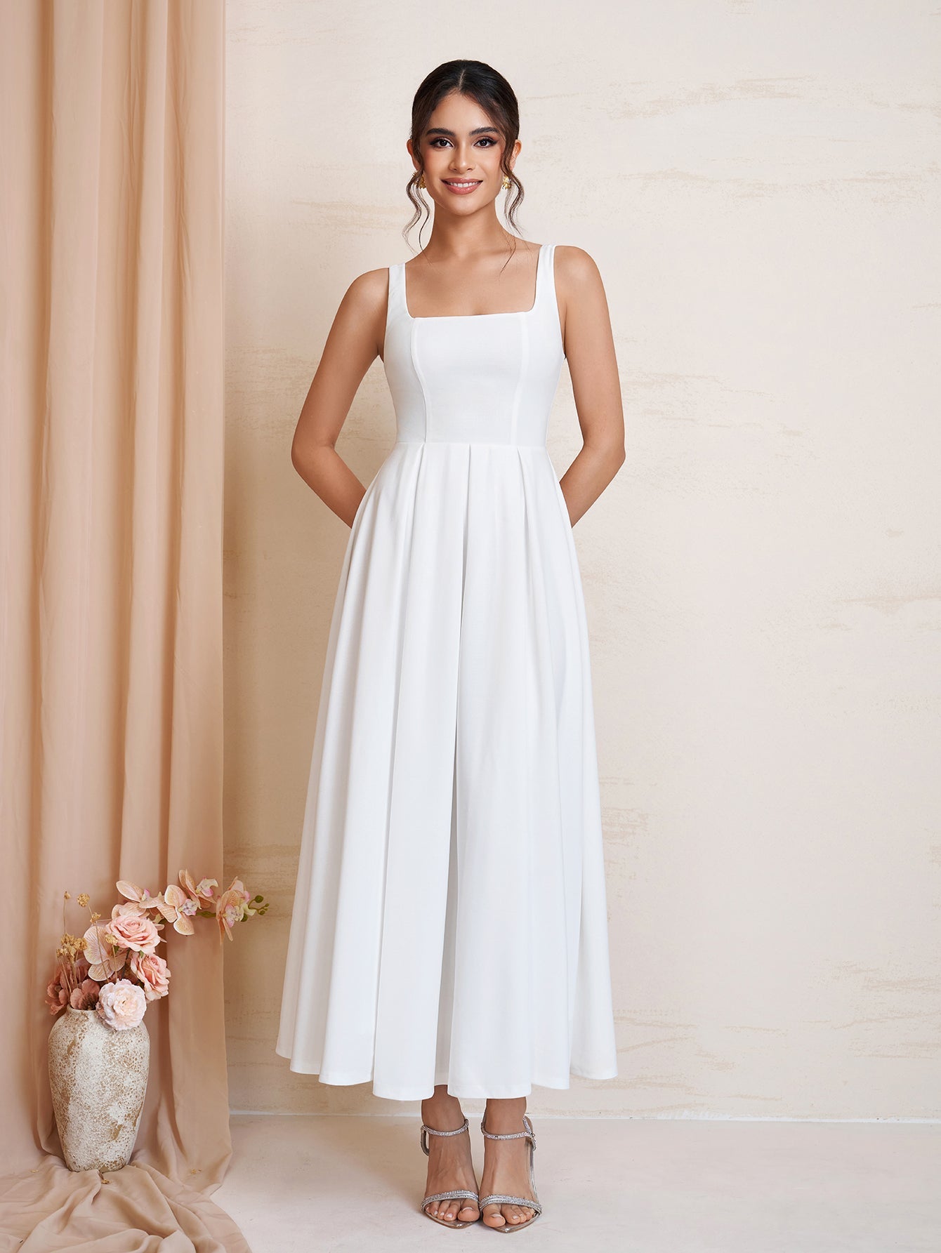 Square Neck Backless Zipper Maxi Dress