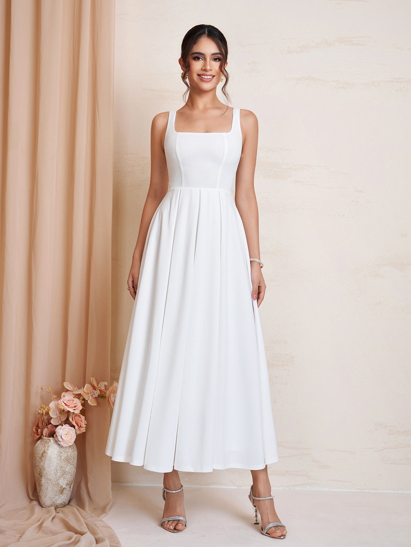 Square Neck Backless Zipper Maxi Dress