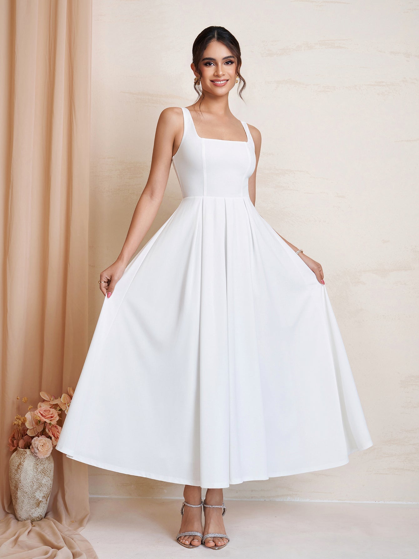 Square Neck Backless Zipper Maxi Dress